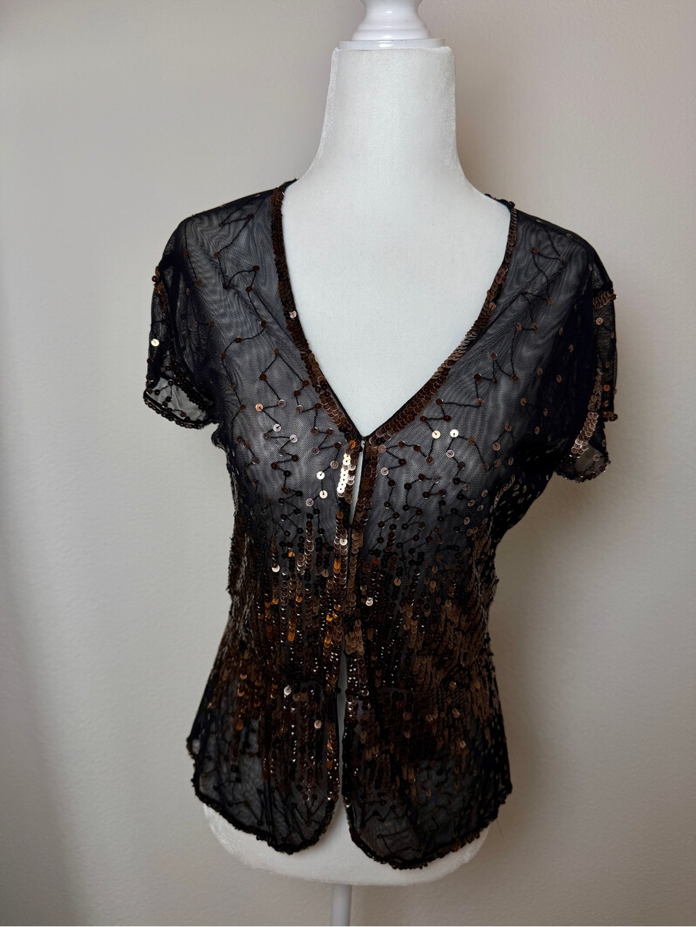 Vintage 90s Vivienne Tam Sequin Mesh Jacket Top Size 1 Sheer Black Archival